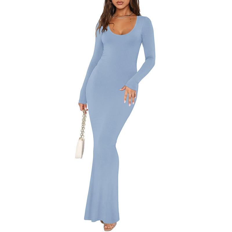 REORIA Tiktokshopbacktoschool Mother'S Day Gift Women'S Sexy Scoop Neck Long Sleeve Lounge Long Dress Summer Outdoorfun Ribbed Bodycon Maxi Dresses Fall Winter Layer Casual Fabric